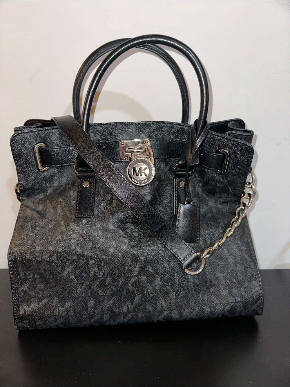 Michael Kors Black Signature MK Satchel with Chain Detail